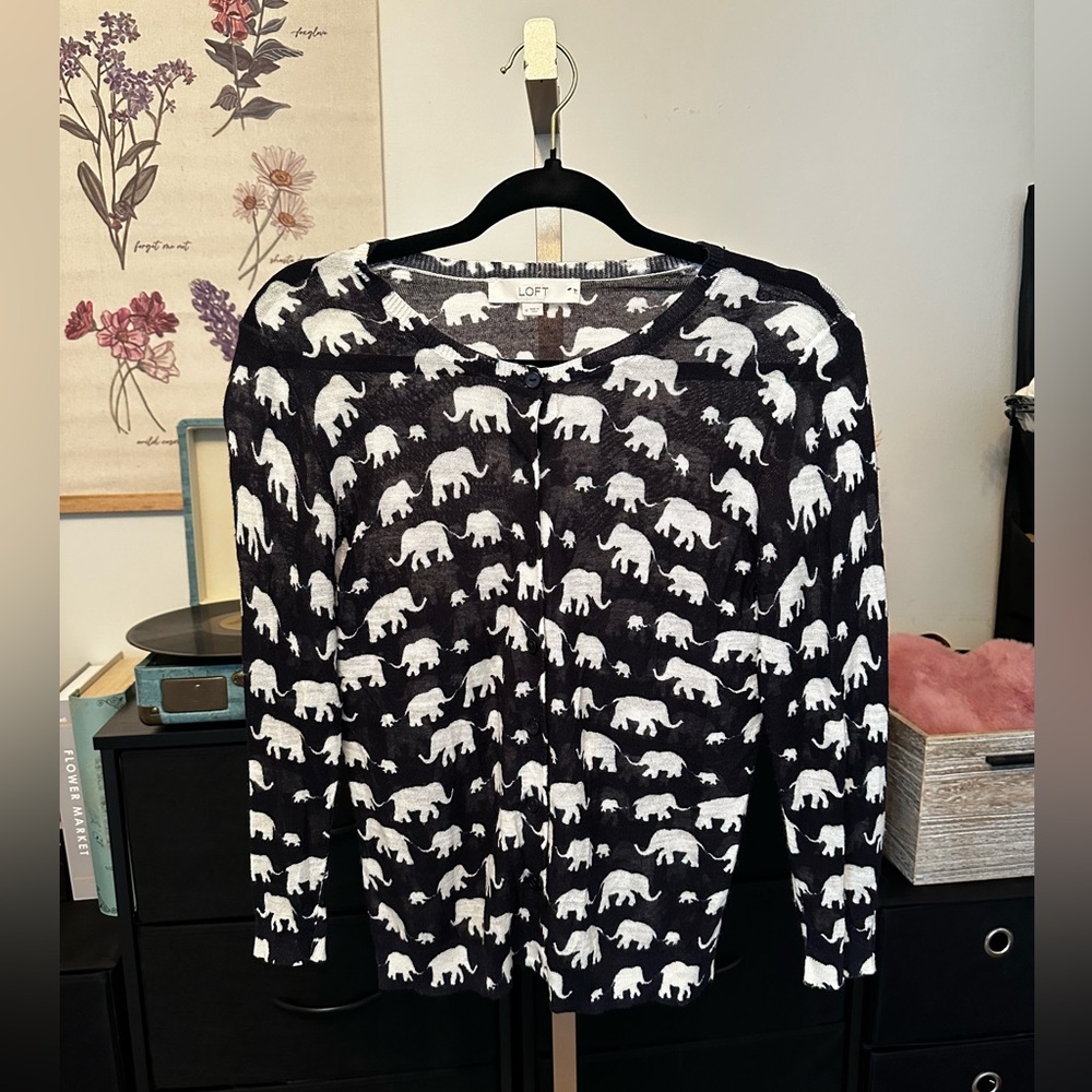 LOFT blue and white elephant cardigan. Size M. Perfect condition.